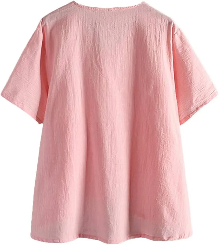 LaovanIn Women's Linen Blouse Tops V Neck Short Sleeve Vintage Tunic Casual Shirts