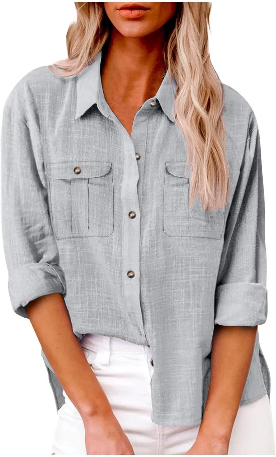 Linen Shirts for Women Summer Front Double Pockets Tops Tunic Linen Fabric Soft Breathable Blouses Fashion T Shirt