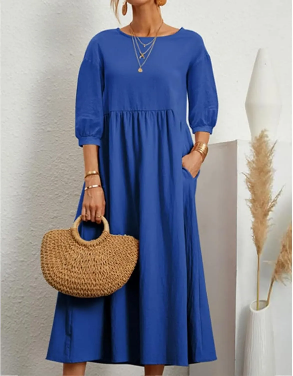 Linen Summer Dresses for Women Casual Loose Half Sleeve Dress Loose Boho Beach Vacation Sundress with Pockets