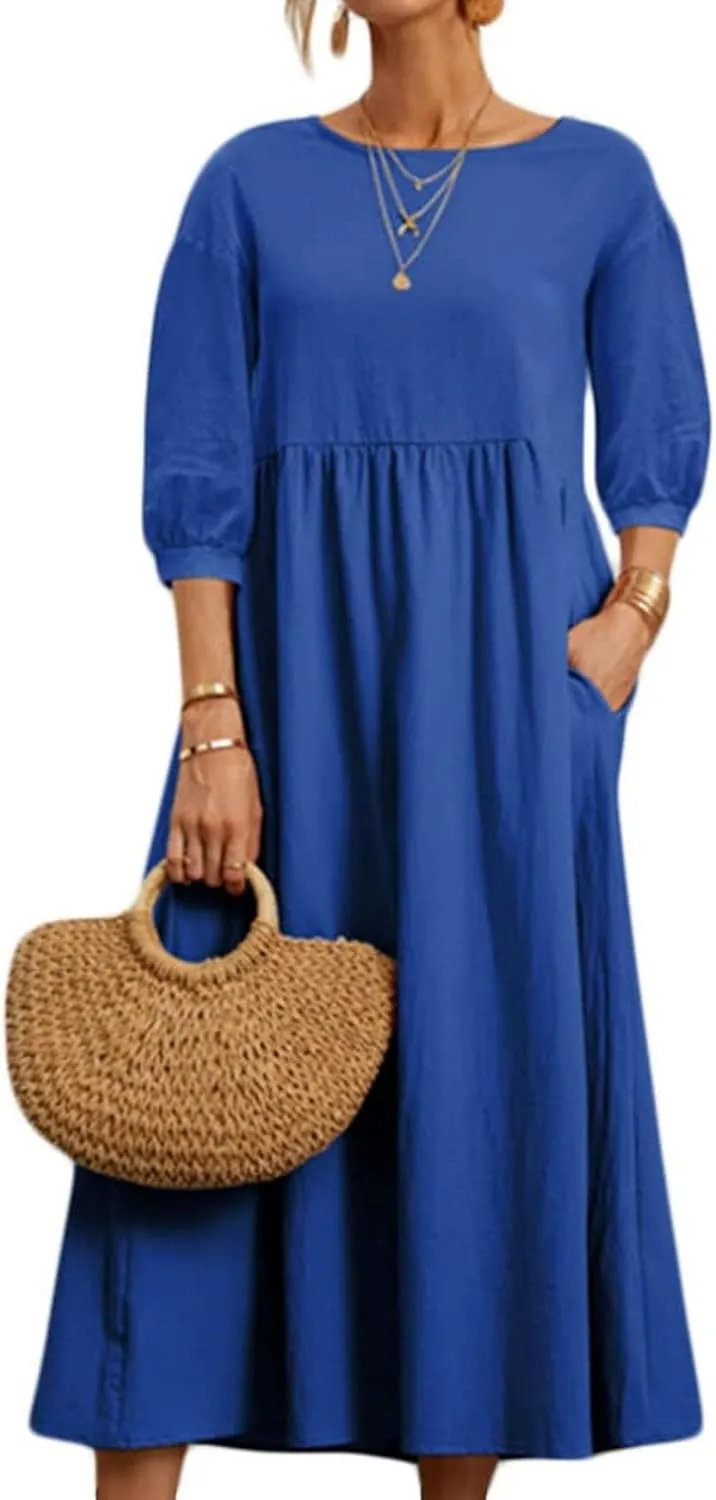 Linen Summer Dresses for Women Casual Loose Half Sleeve Dress Loose Boho Beach Vacation Sundress with Pockets