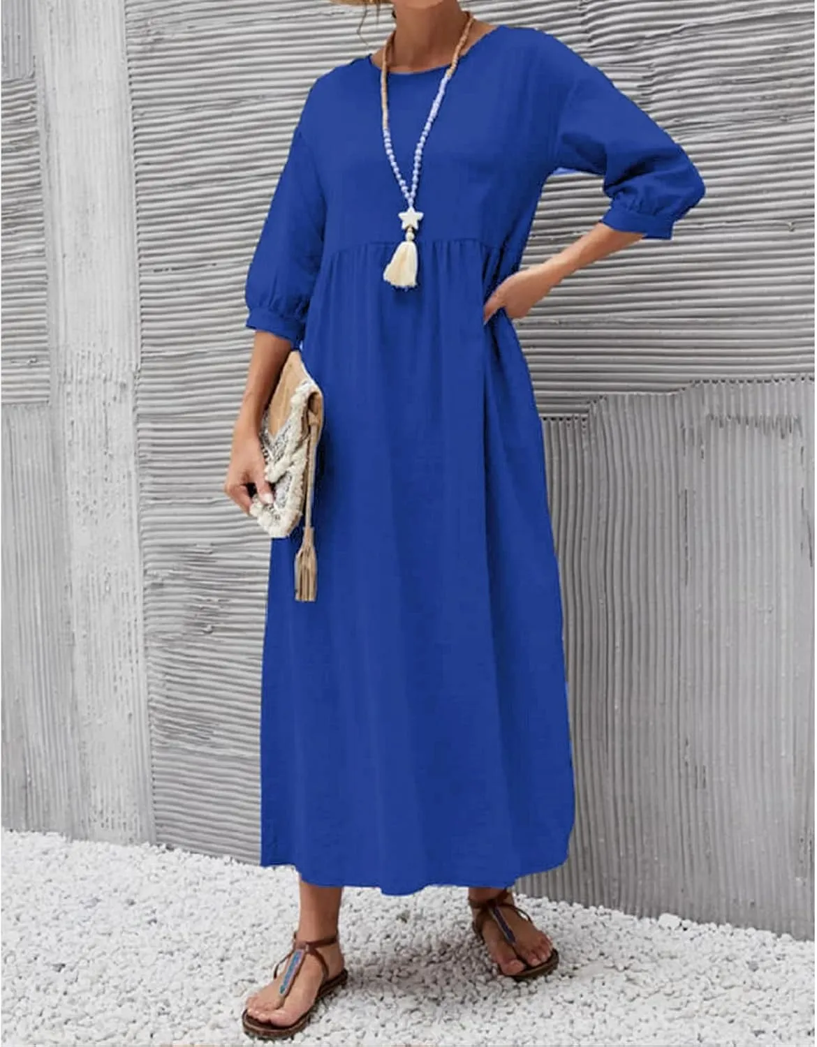 Linen Summer Dresses for Women Casual Loose Half Sleeve Dress Loose Boho Beach Vacation Sundress with Pockets