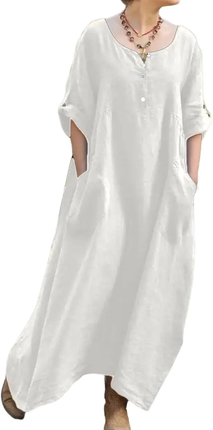 Long Dresses for Women Summer Cotton Linen T Shirt V-Neck Dress Casual Loose Midi Dress Flowy Beach Sundress Pockets