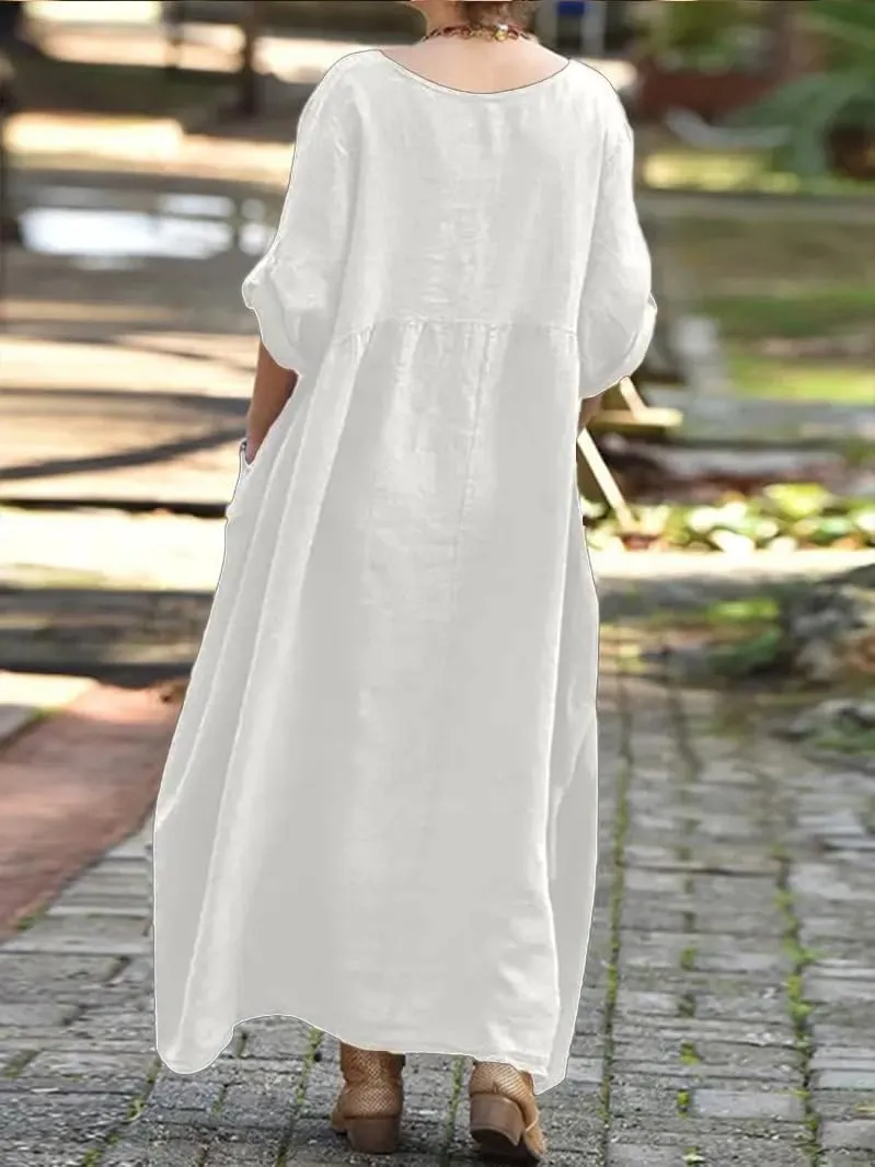 Long Dresses for Women Summer Cotton Linen T Shirt V-Neck Dress Casual Loose Midi Dress Flowy Beach Sundress Pockets