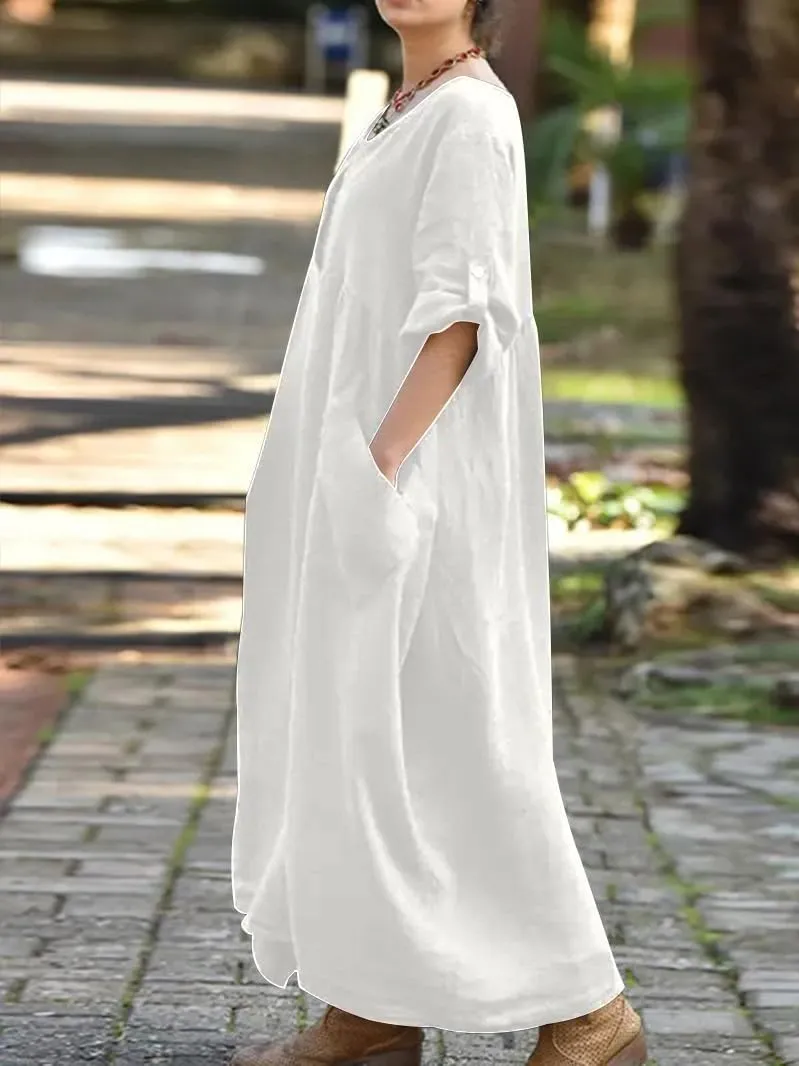 Long Dresses for Women Summer Cotton Linen T Shirt V-Neck Dress Casual Loose Midi Dress Flowy Beach Sundress Pockets