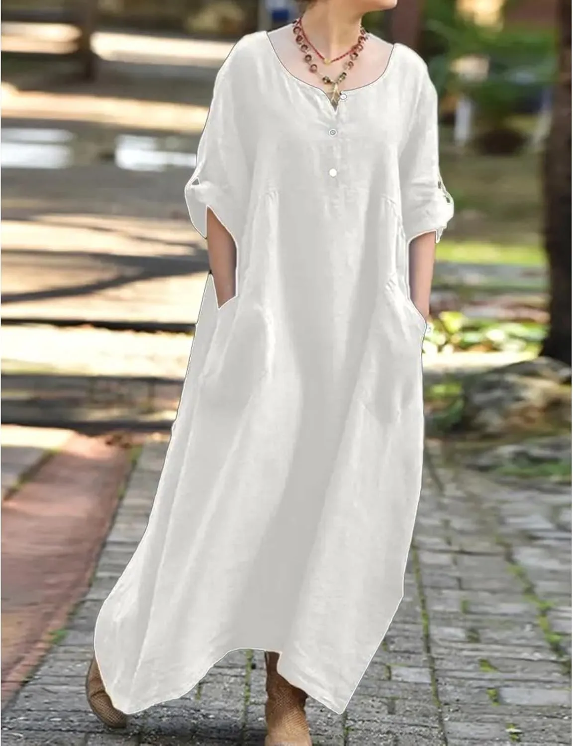 Long Dresses for Women Summer Cotton Linen T Shirt V-Neck Dress Casual Loose Midi Dress Flowy Beach Sundress Pockets