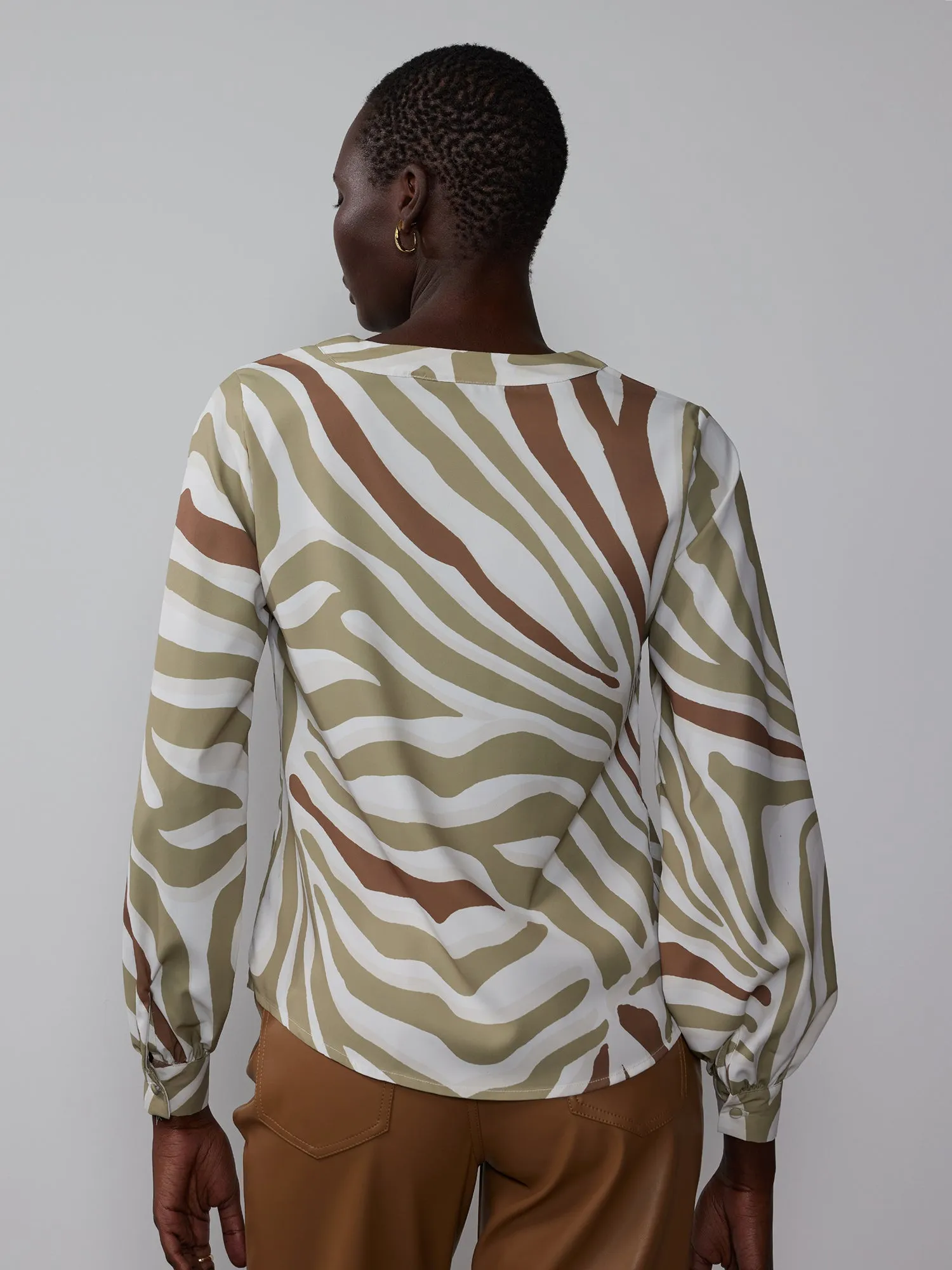 Long Sleeve V-Neck Zebra Print Blouse