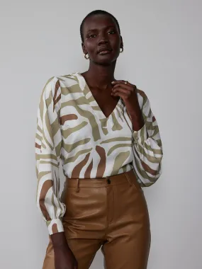 Long Sleeve V-Neck Zebra Print Blouse