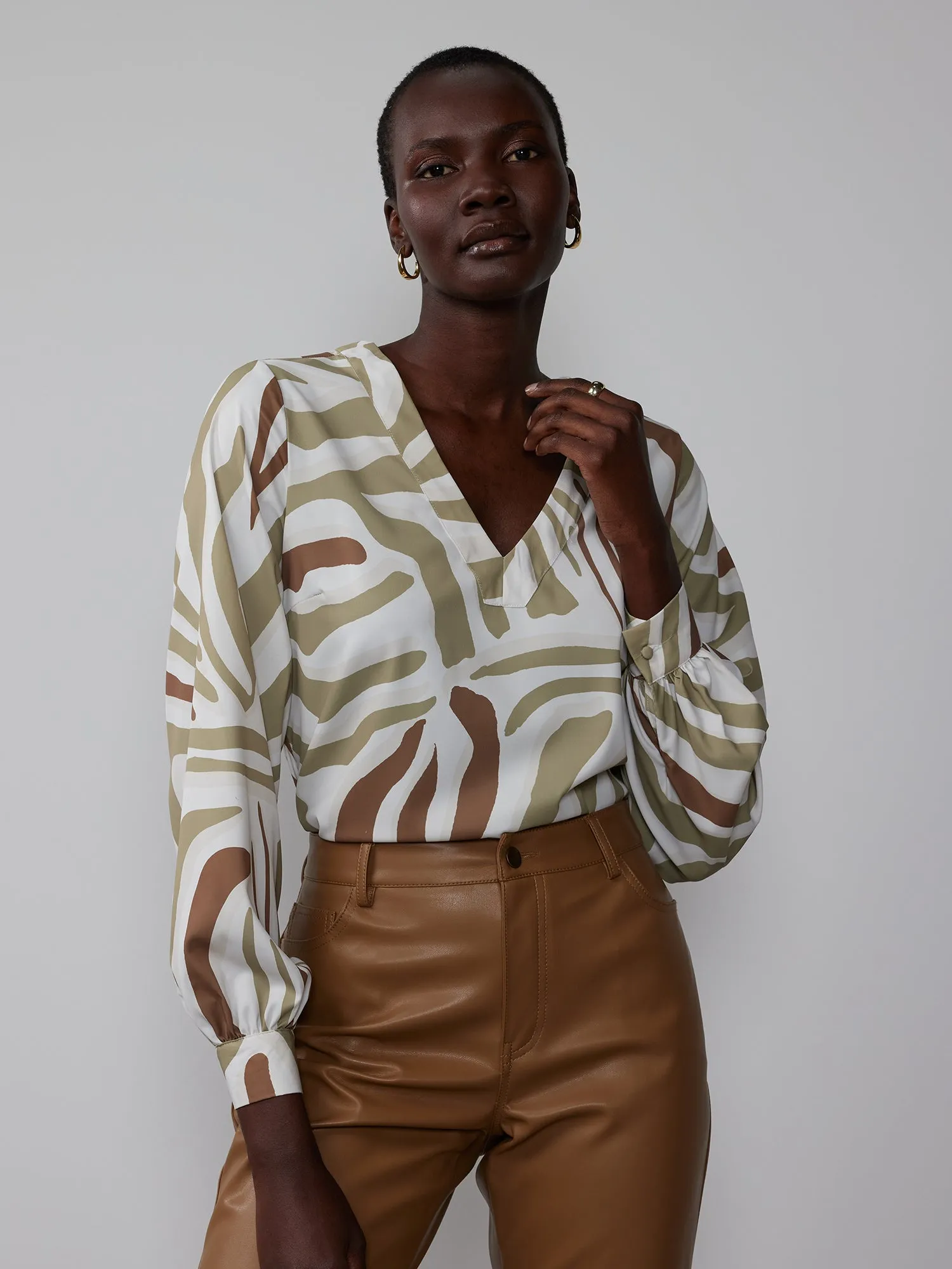 Long Sleeve V-Neck Zebra Print Blouse