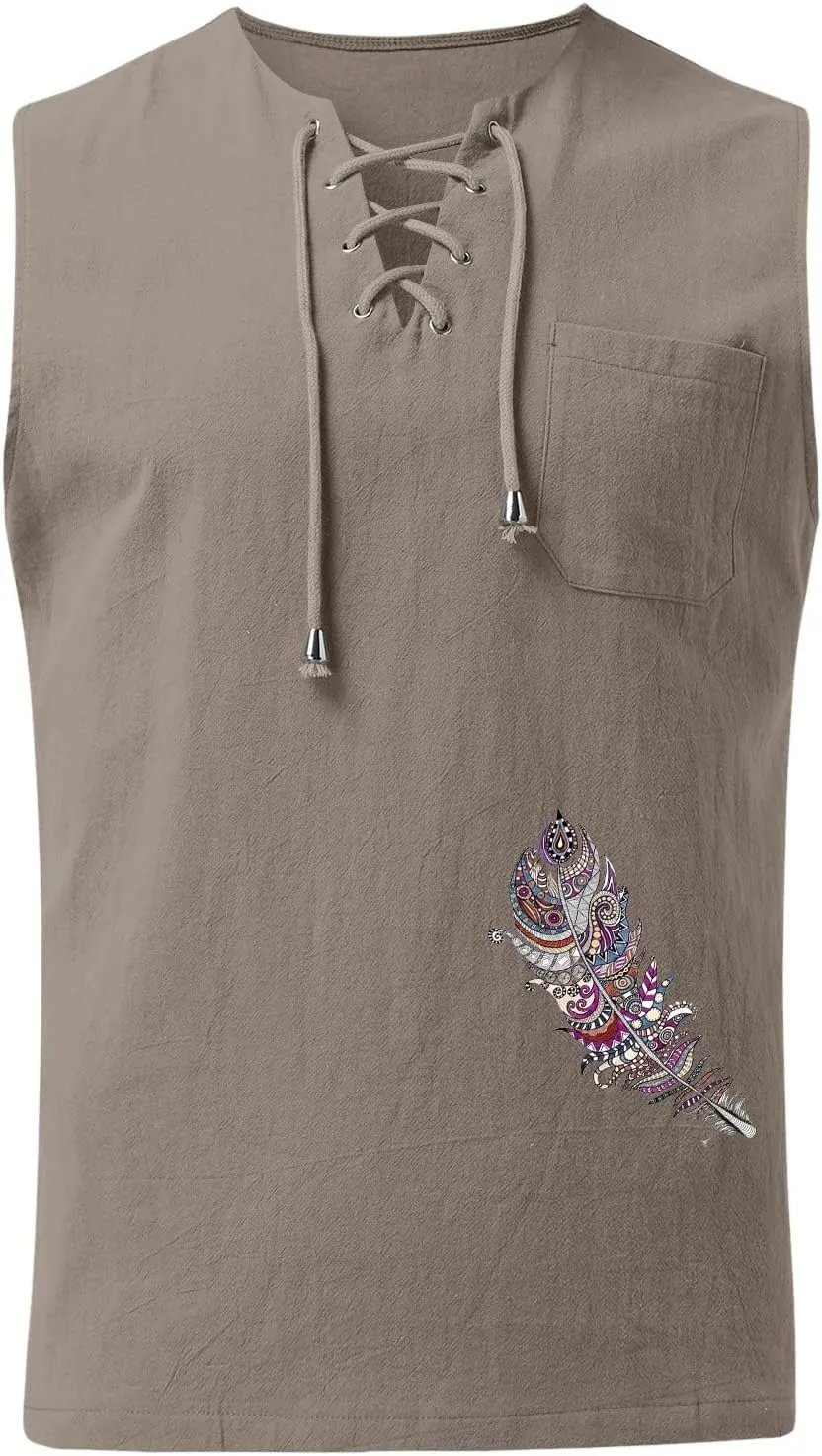 Loose Fit Cotton Linen Bohemian Tank Tops for Mens Summer Beach Fuunny Sleeveless Lace Up Hippie Cutt Off Tshirts