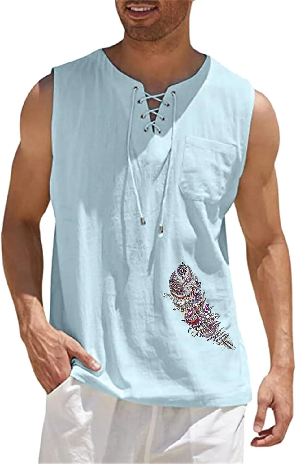 Loose Fit Cotton Linen Bohemian Tank Tops for Mens Summer Beach Fuunny Sleeveless Lace Up Hippie Cutt Off Tshirts