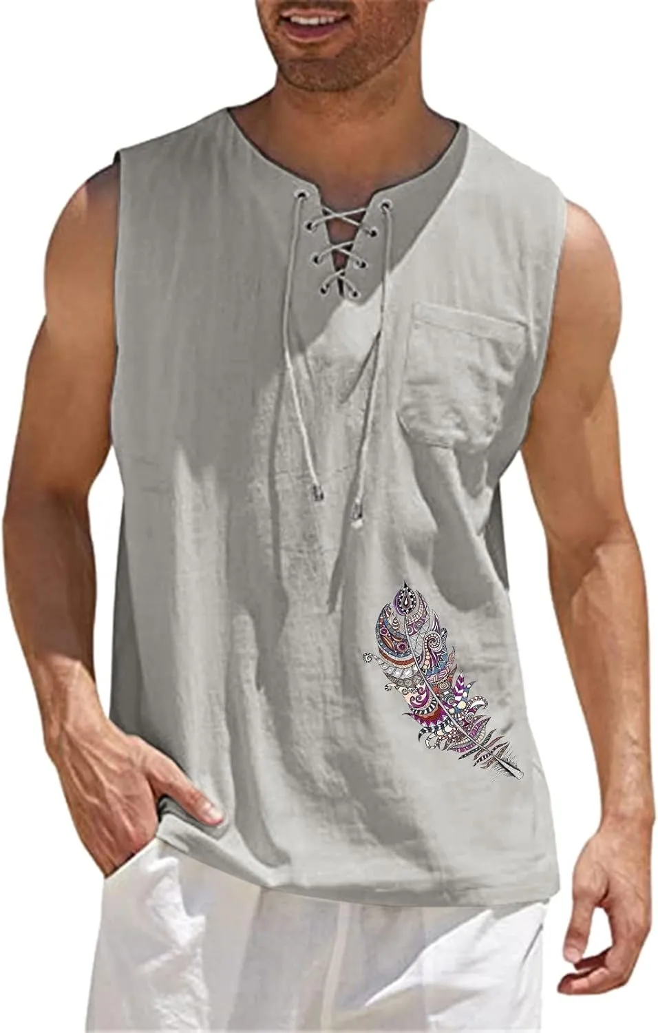 Loose Fit Cotton Linen Bohemian Tank Tops for Mens Summer Beach Fuunny Sleeveless Lace Up Hippie Cutt Off Tshirts