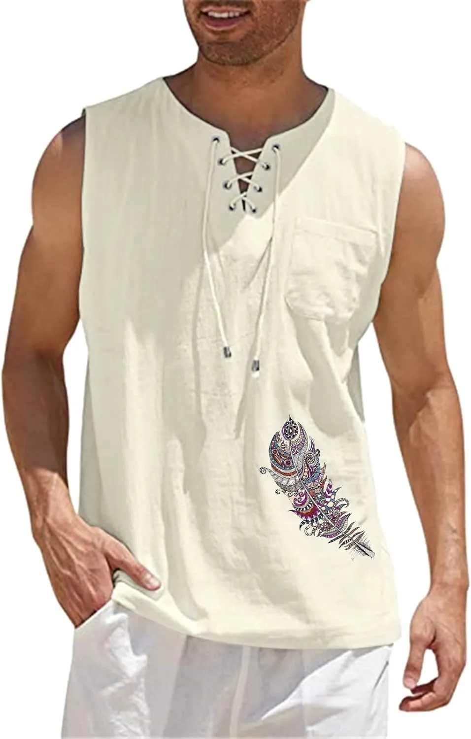 Loose Fit Cotton Linen Bohemian Tank Tops for Mens Summer Beach Fuunny Sleeveless Lace Up Hippie Cutt Off Tshirts