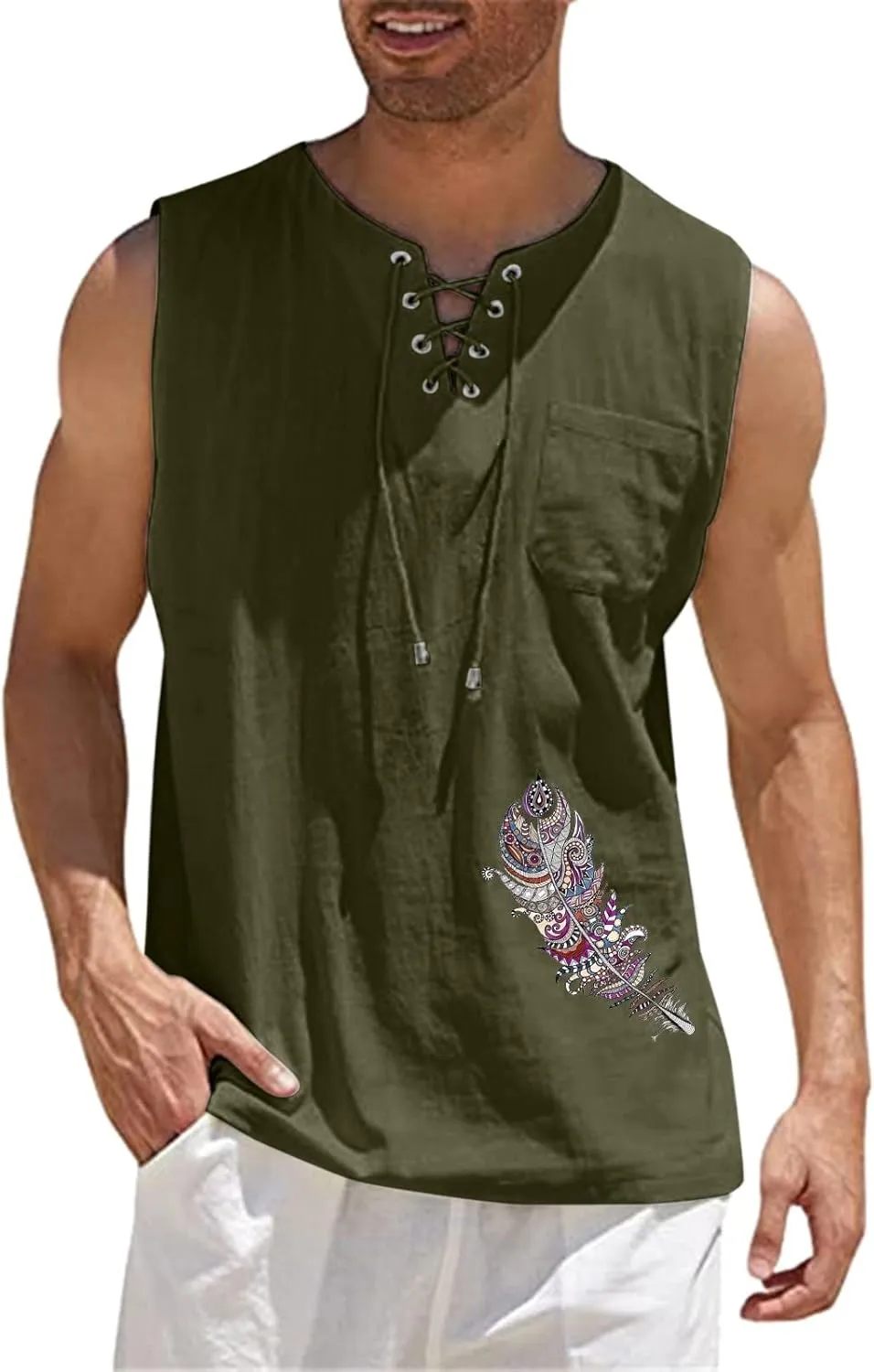 Loose Fit Cotton Linen Bohemian Tank Tops for Mens Summer Beach Fuunny Sleeveless Lace Up Hippie Cutt Off Tshirts