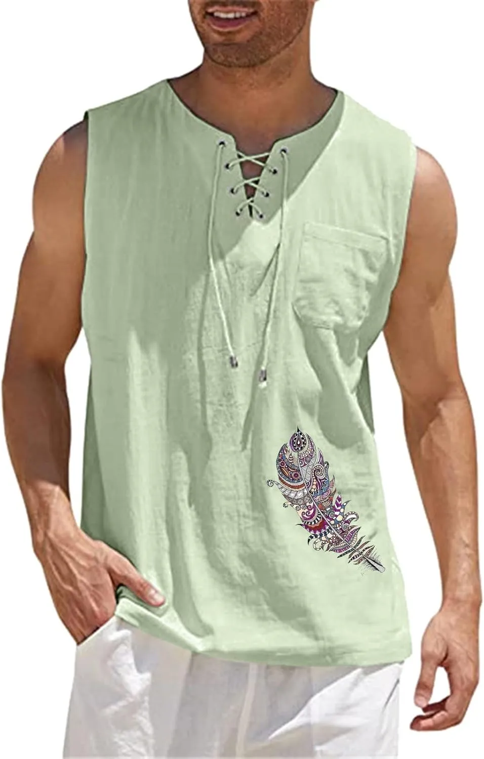 Loose Fit Cotton Linen Bohemian Tank Tops for Mens Summer Beach Fuunny Sleeveless Lace Up Hippie Cutt Off Tshirts