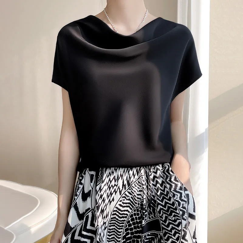 Luexco Women's Cascade Collar Blouse Short Sleeve Top