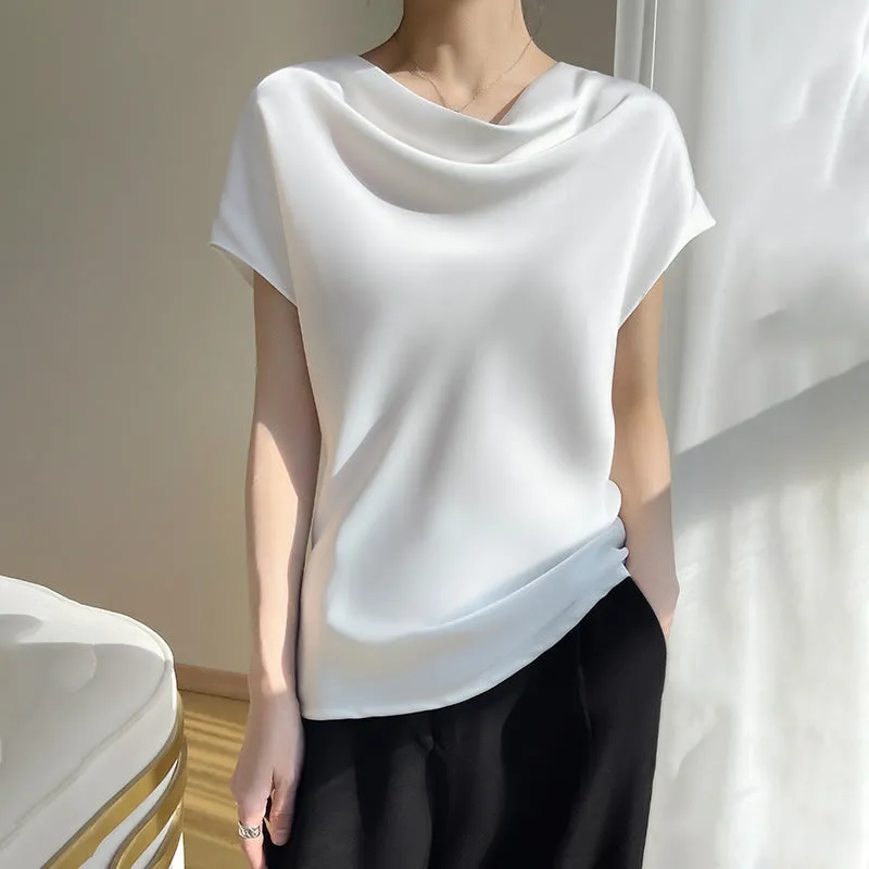 Luexco Women's Cascade Collar Blouse Short Sleeve Top