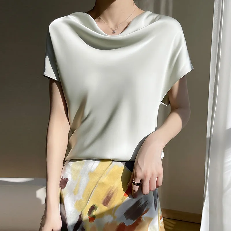 Luexco Women's Cascade Collar Blouse Short Sleeve Top
