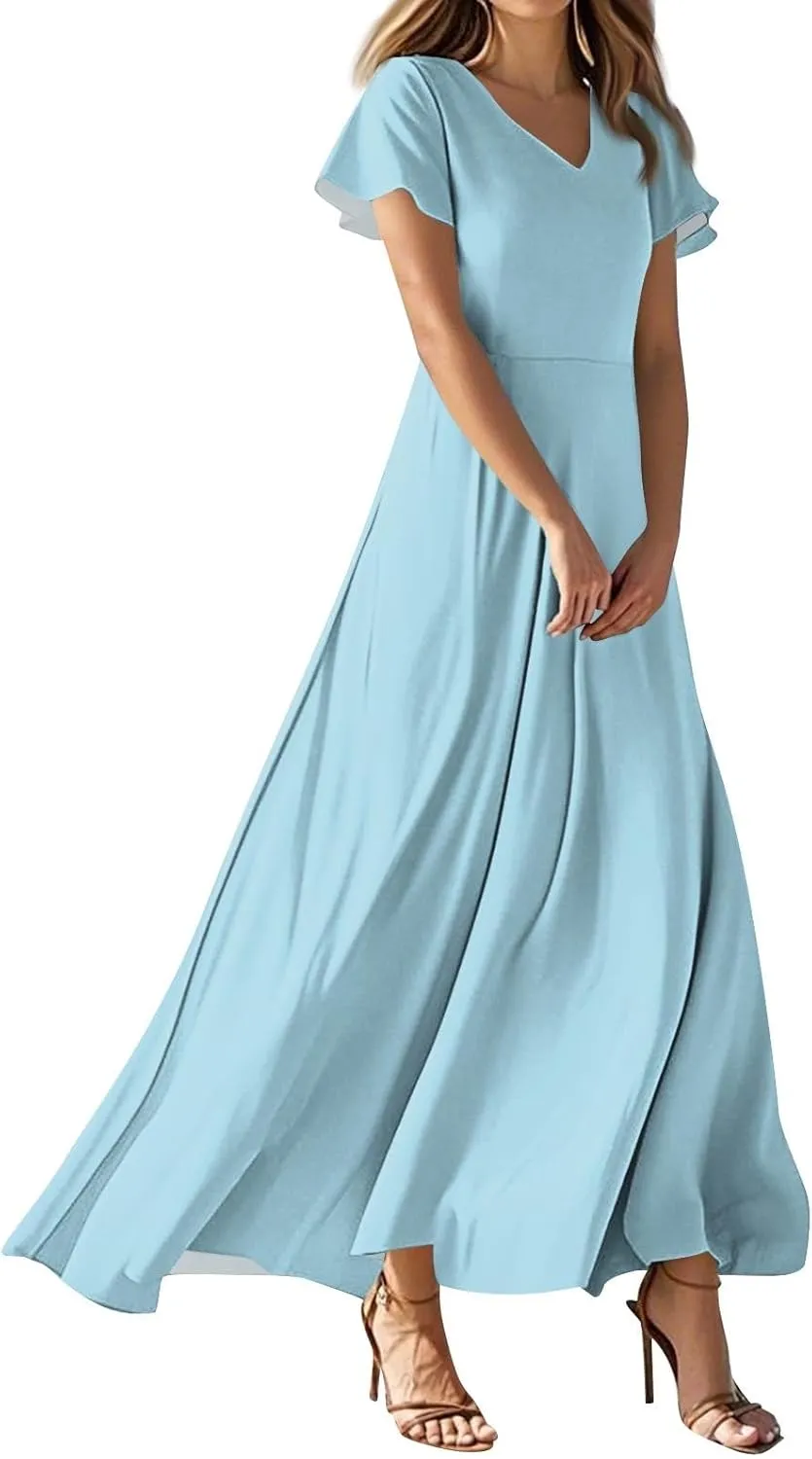 Maxi Dresses for Women 2025 Summer Floral V Neck Wrap Short Sleeve Dress Casual Flowy Elegant Wedding Guest Dresses