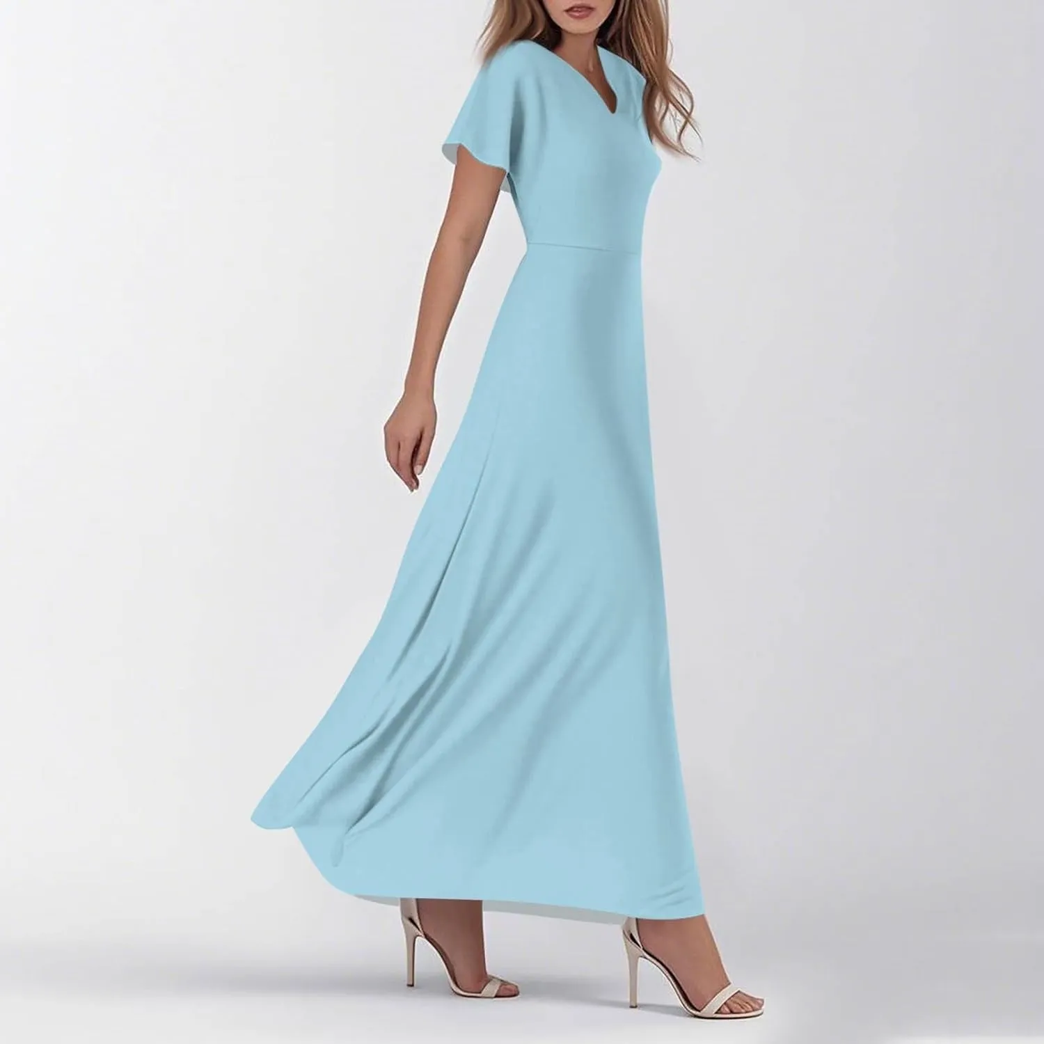 Maxi Dresses for Women 2025 Summer Floral V Neck Wrap Short Sleeve Dress Casual Flowy Elegant Wedding Guest Dresses
