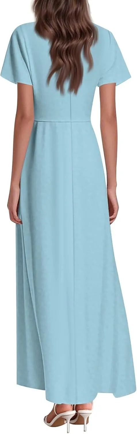Maxi Dresses for Women 2025 Summer Floral V Neck Wrap Short Sleeve Dress Casual Flowy Elegant Wedding Guest Dresses