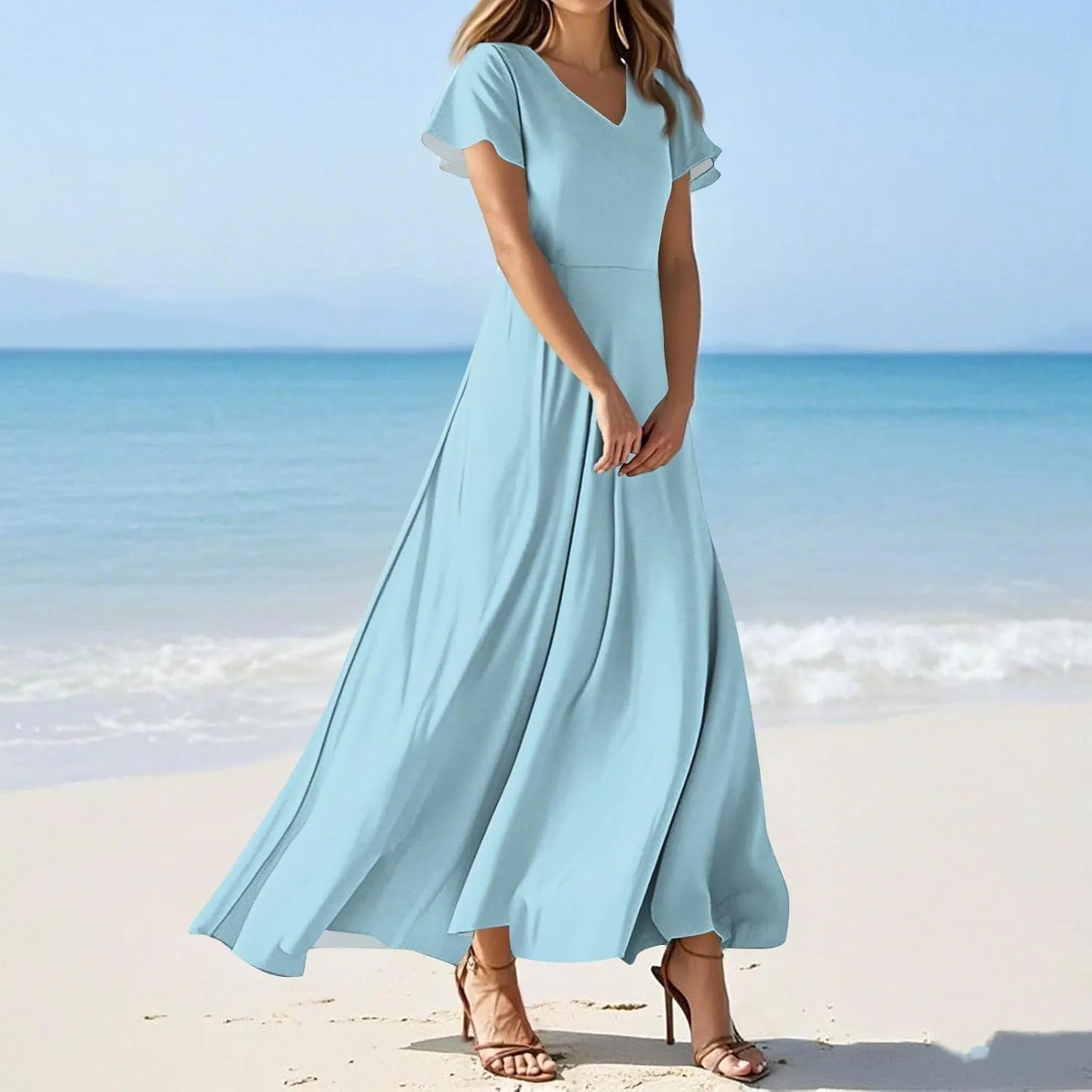 Maxi Dresses for Women 2025 Summer Floral V Neck Wrap Short Sleeve Dress Casual Flowy Elegant Wedding Guest Dresses