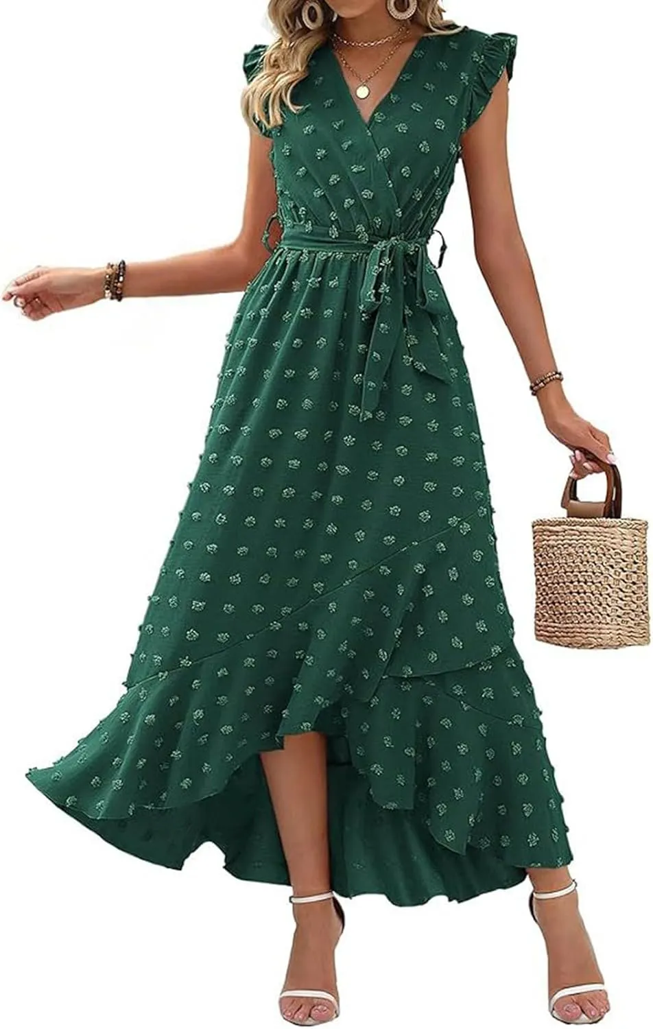 Maxi Dresses for Women 2025 V Neck Swiss Dot Wrap Long Dresses Boho Cap Sleeve Summer Dress Trendy Ruffle Midi Dress