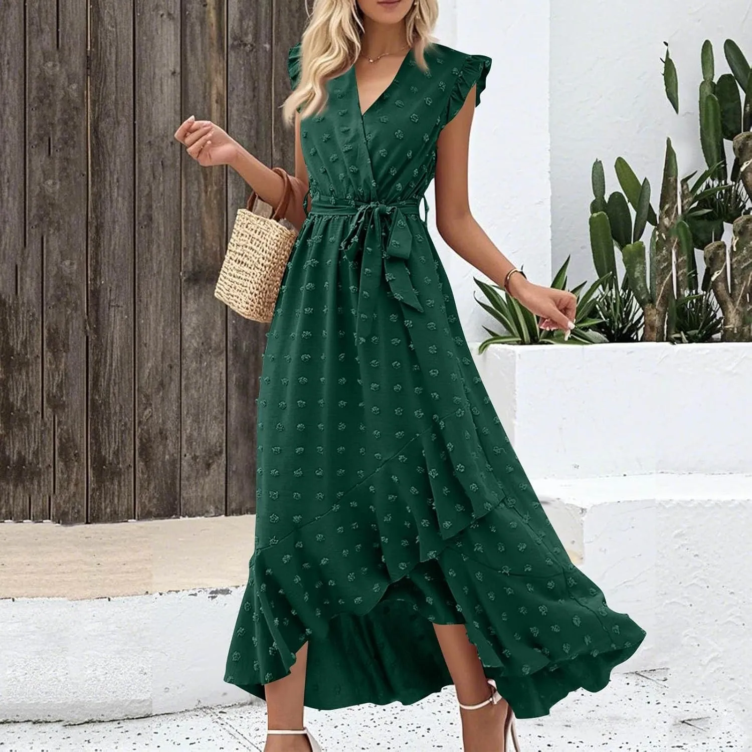 Maxi Dresses for Women 2025 V Neck Swiss Dot Wrap Long Dresses Boho Cap Sleeve Summer Dress Trendy Ruffle Midi Dress