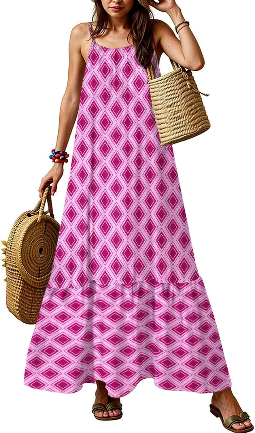 Maxi Sundresses for Women 2025 Boho Spaghetti Strap Crew Neck Beach Sundress Casual Summer Flowy Hawaiian Dresses