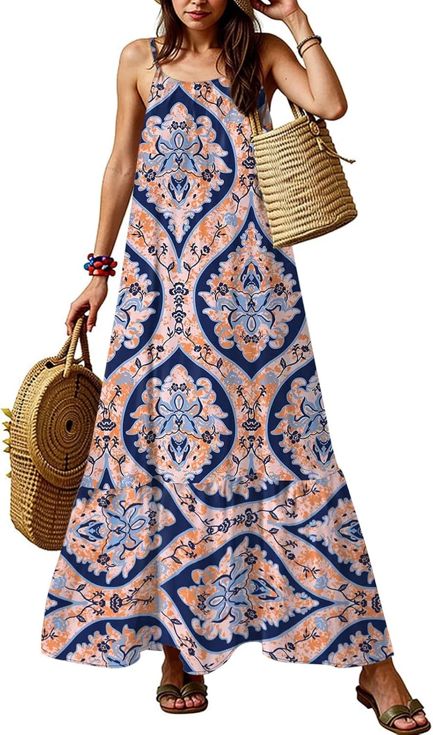 Maxi Sundresses for Women 2025 Boho Spaghetti Strap Crew Neck Beach Sundress Casual Summer Flowy Hawaiian Dresses