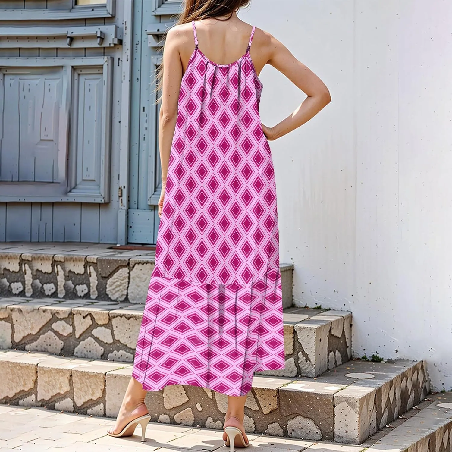 Maxi Sundresses for Women 2025 Boho Spaghetti Strap Crew Neck Beach Sundress Casual Summer Flowy Hawaiian Dresses