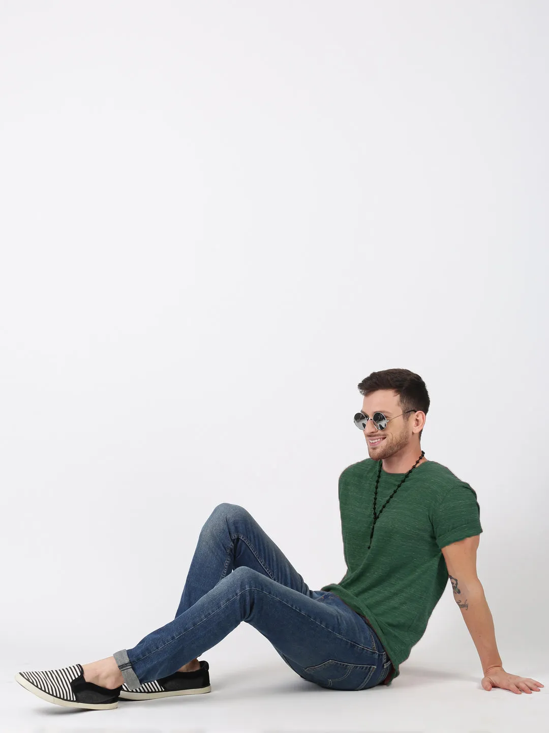 Men Green White Injected Melange Round Neck Organic Pure Cotton Half Sleeve Regular Fit Casual T-Shirt