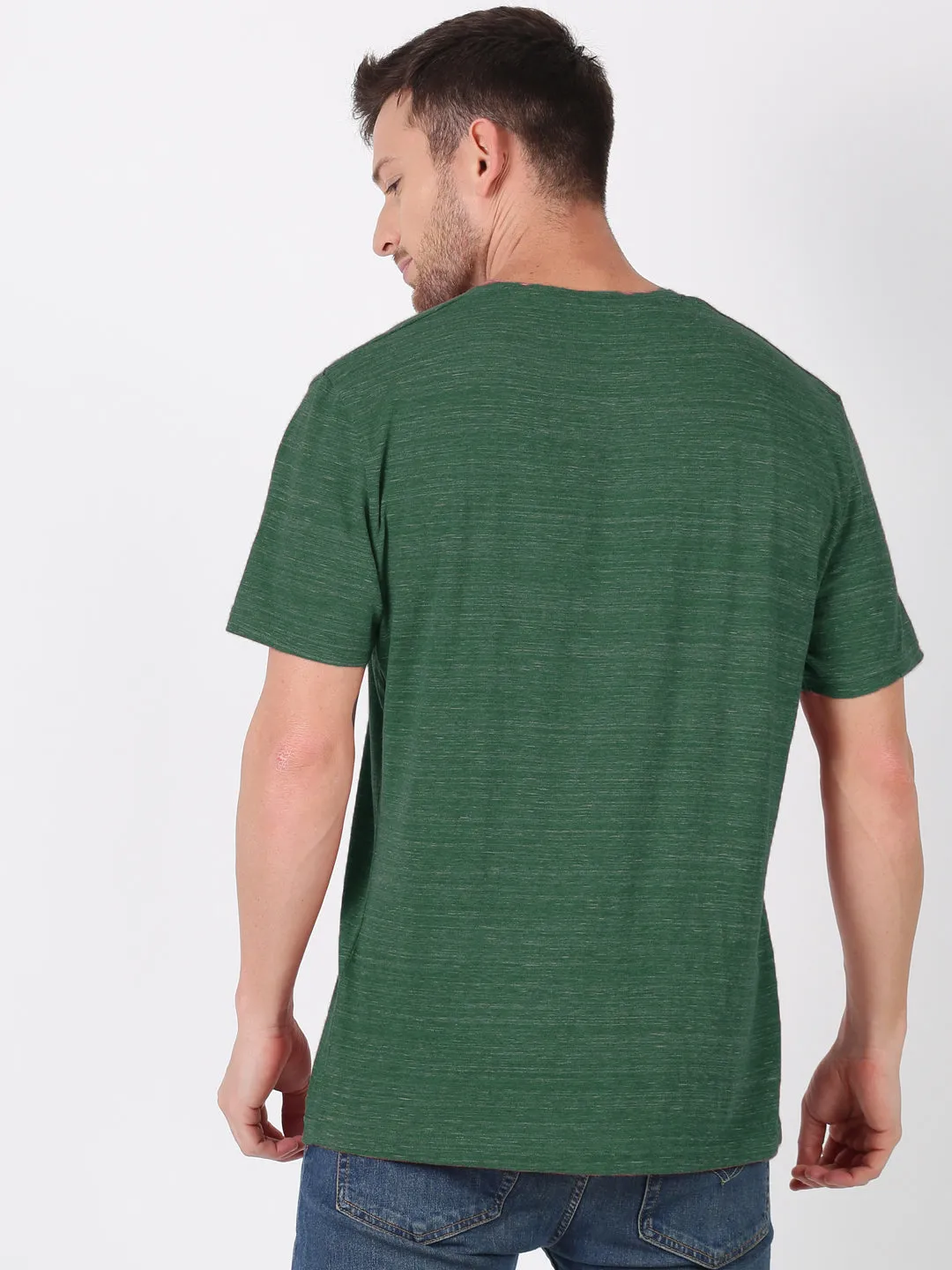 Men Green White Injected Melange Round Neck Organic Pure Cotton Half Sleeve Regular Fit Casual T-Shirt