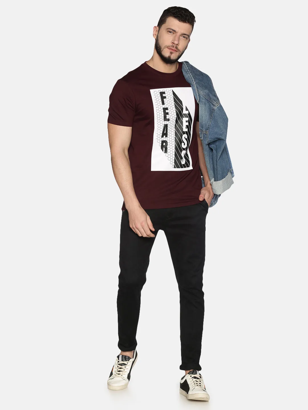Men Maroon Front Typographic Printed Round Neck Organic Pure Cotton Half Sleeve Regular Fit Casual T-Shirt