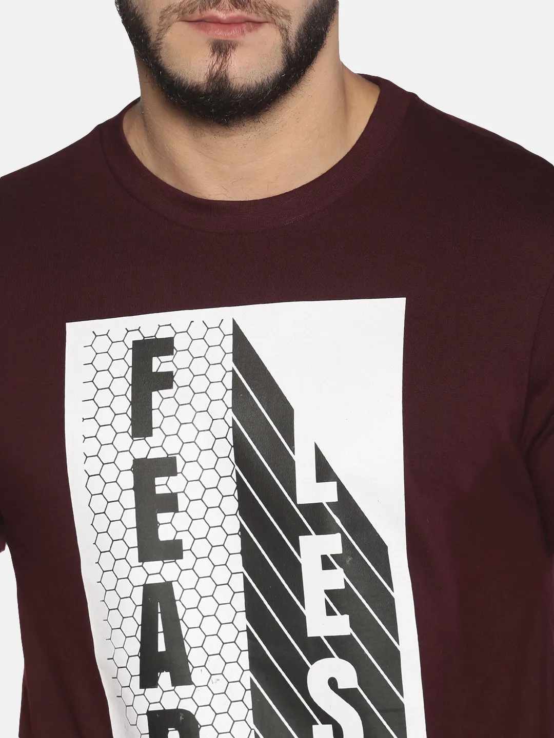 Men Maroon Front Typographic Printed Round Neck Organic Pure Cotton Half Sleeve Regular Fit Casual T-Shirt