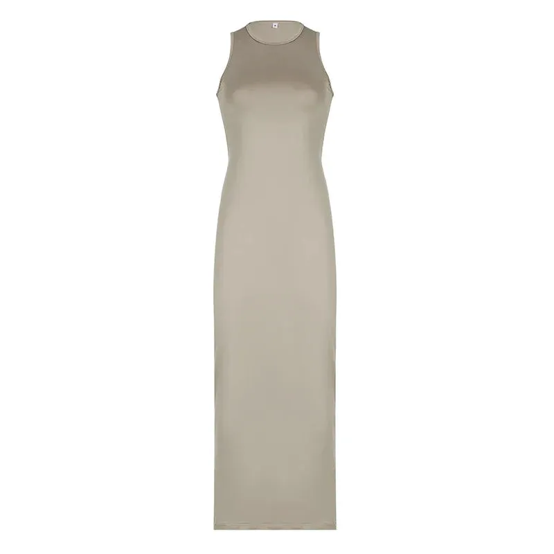 Metaversmall Fashion Solid Elegant Pink Long Dress Ladies Bodycon Sleeveless Sundress Basic Holidays Casual All-Match Summer Dress