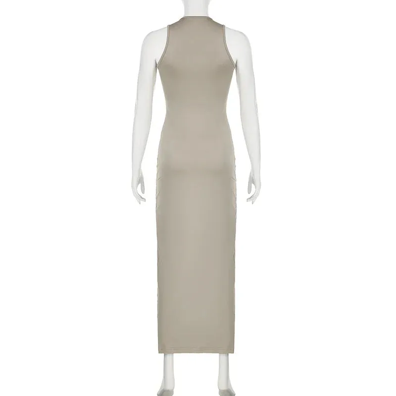 Metaversmall Fashion Solid Elegant Pink Long Dress Ladies Bodycon Sleeveless Sundress Basic Holidays Casual All-Match Summer Dress