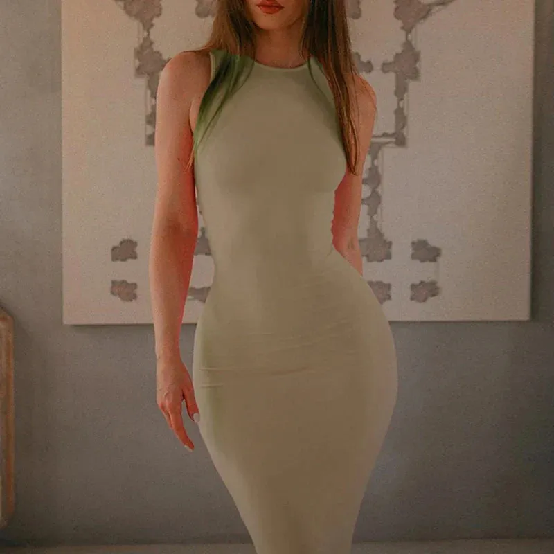Metaversmall Fashion Solid Elegant Pink Long Dress Ladies Bodycon Sleeveless Sundress Basic Holidays Casual All-Match Summer Dress