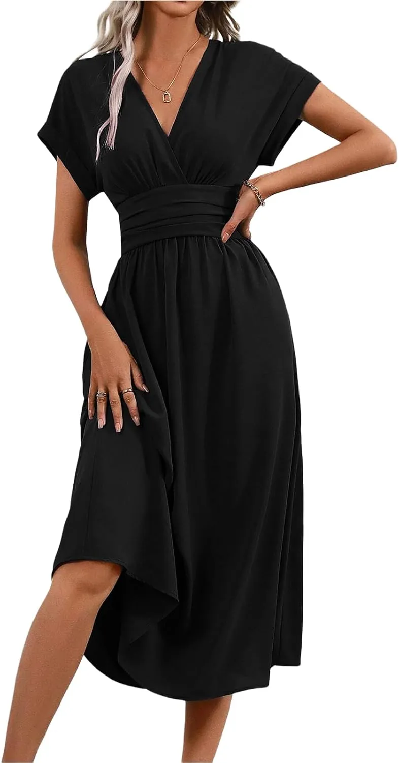 Midi Dresses for Women Fashion Empire Waist Long Dress Summer Short Sleeve Casual Dress Elegant V Neck Wedding Dresses