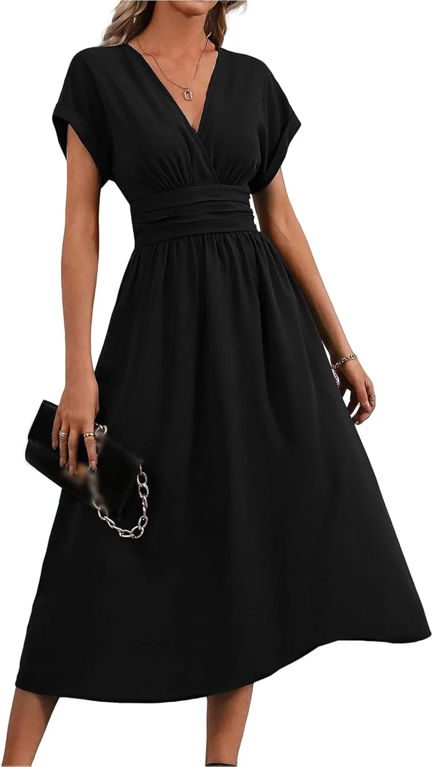Midi Dresses for Women Fashion Empire Waist Long Dress Summer Short Sleeve Casual Dress Elegant V Neck Wedding Dresses