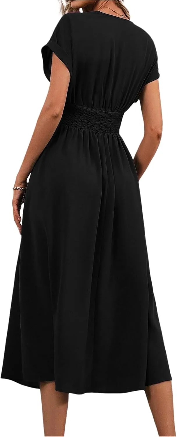 Midi Dresses for Women Fashion Empire Waist Long Dress Summer Short Sleeve Casual Dress Elegant V Neck Wedding Dresses