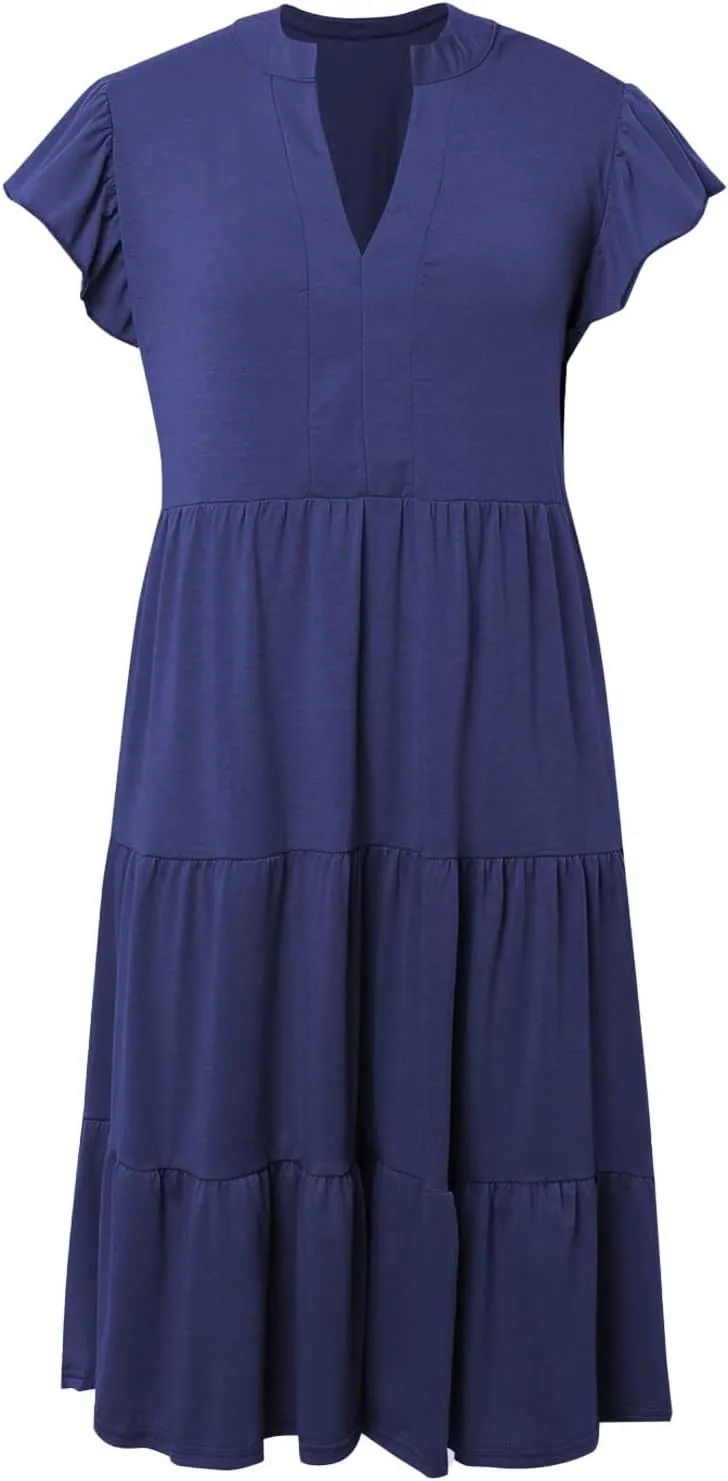 Midi Sundresses for Women Boho Ruffle A Line Tiered Dress V Neck Flowy Summer Casual Wedding Guest Dresses