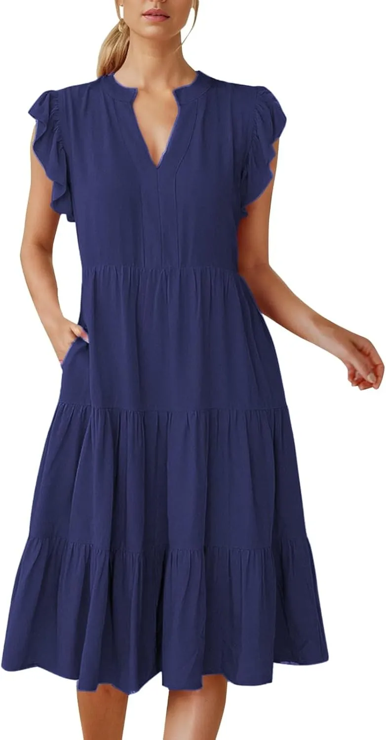 Midi Sundresses for Women Boho Ruffle A Line Tiered Dress V Neck Flowy Summer Casual Wedding Guest Dresses