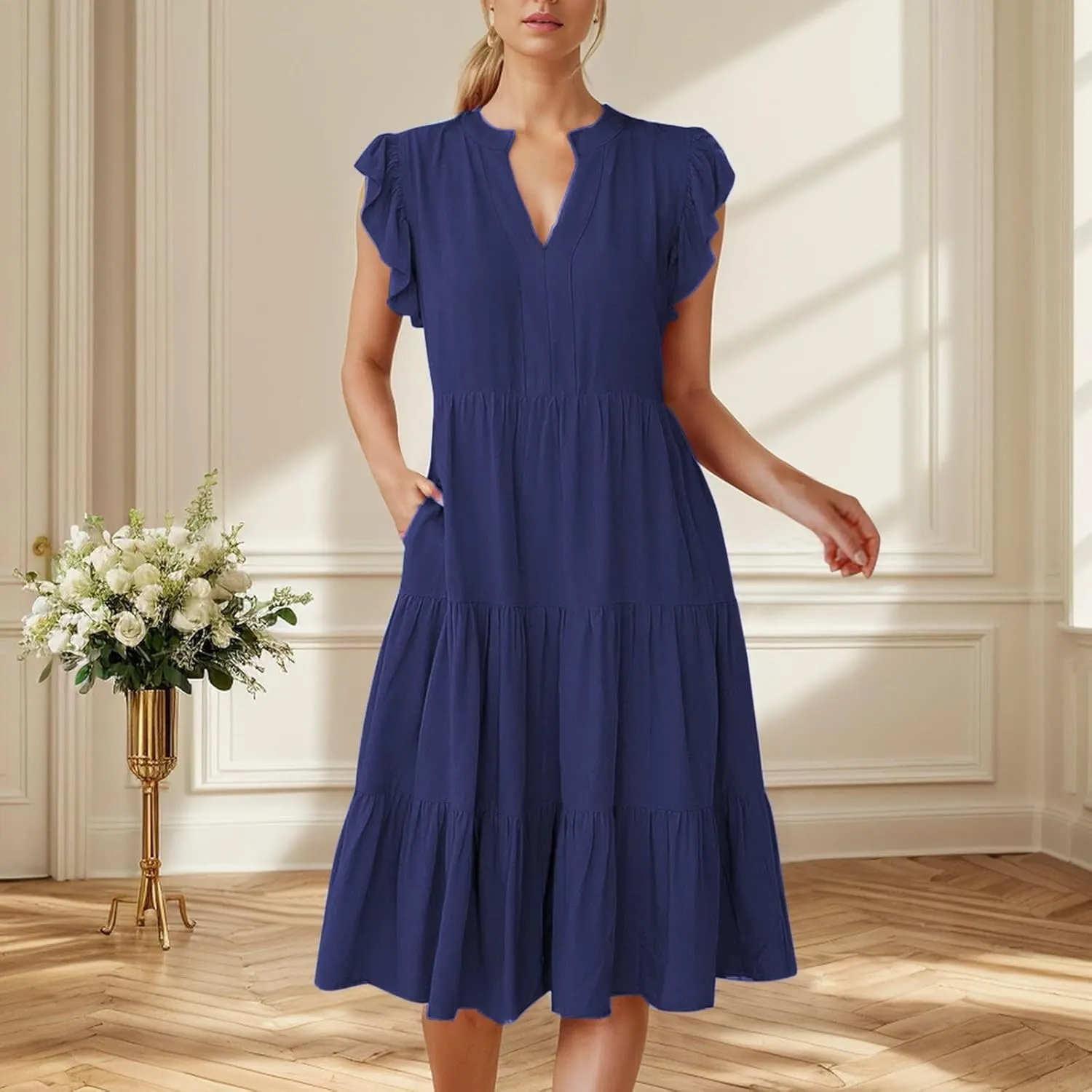 Midi Sundresses for Women Boho Ruffle A Line Tiered Dress V Neck Flowy Summer Casual Wedding Guest Dresses