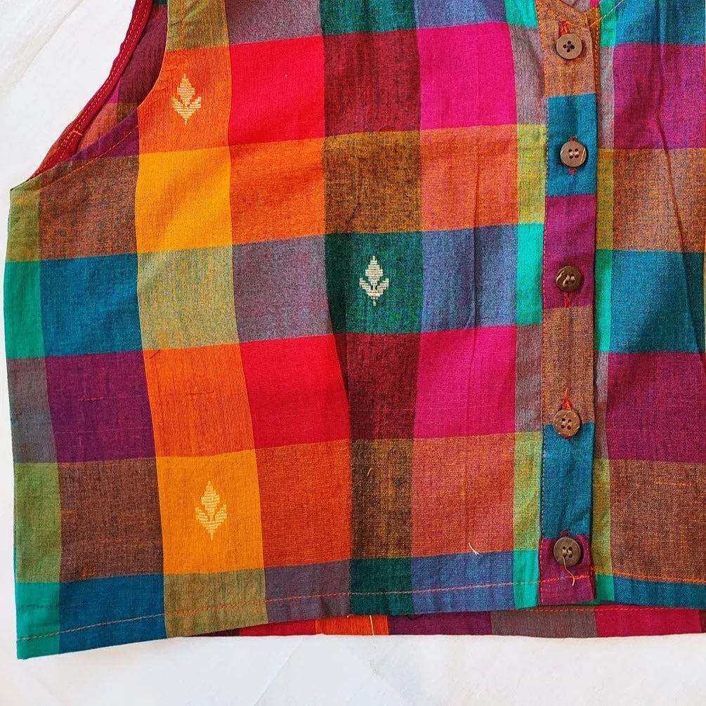 Multicolor Check Pattern Embroided Cotton Contemporary Crop Top (Sleeveless)