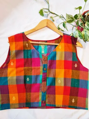 Multicolor Check Pattern Embroided Cotton Contemporary Crop Top (Sleeveless)