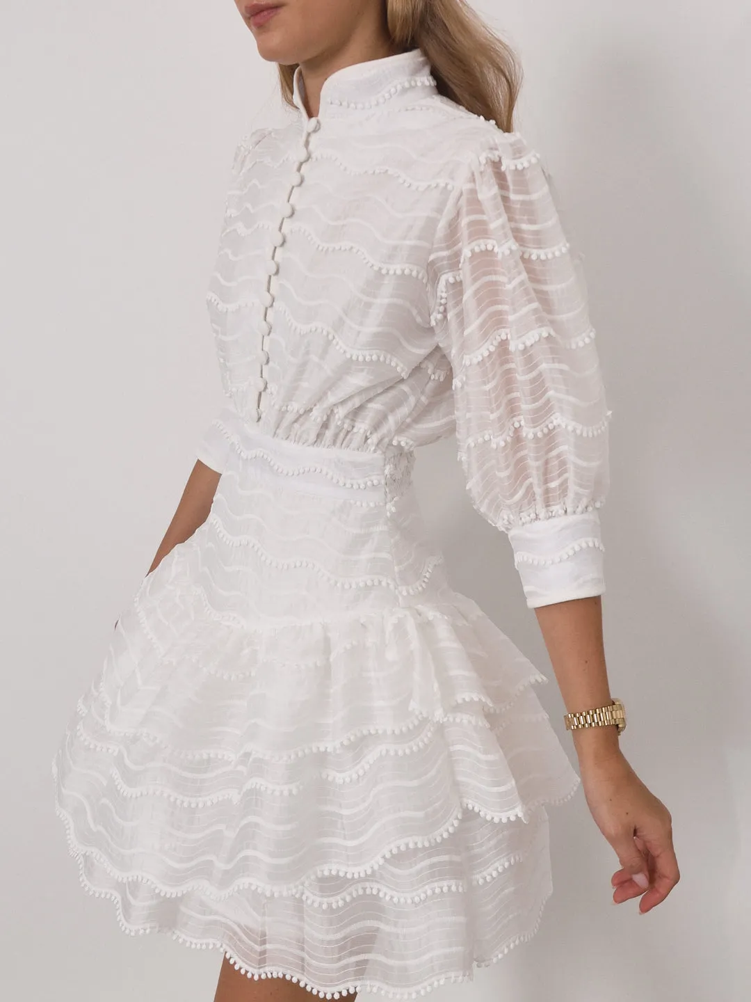 Oceane Embroidered Trim Frill Dress | Island White