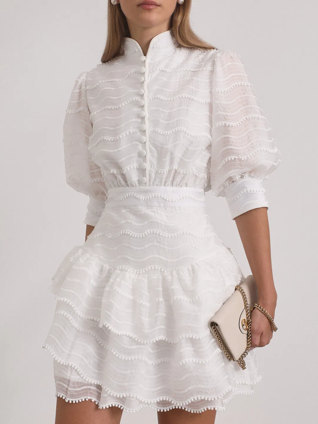Oceane Embroidered Trim Frill Dress | Island White