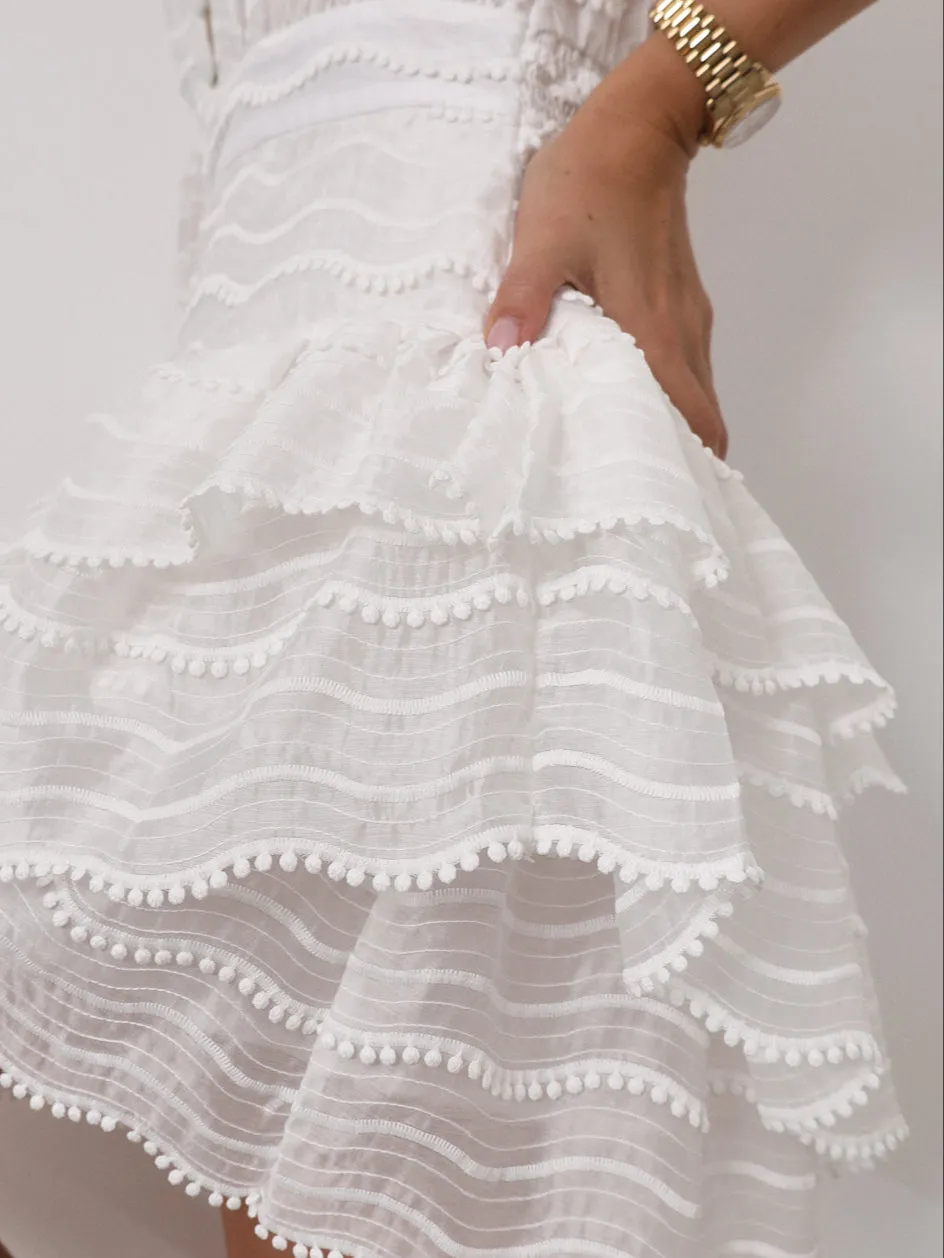 Oceane Embroidered Trim Frill Dress | Island White
