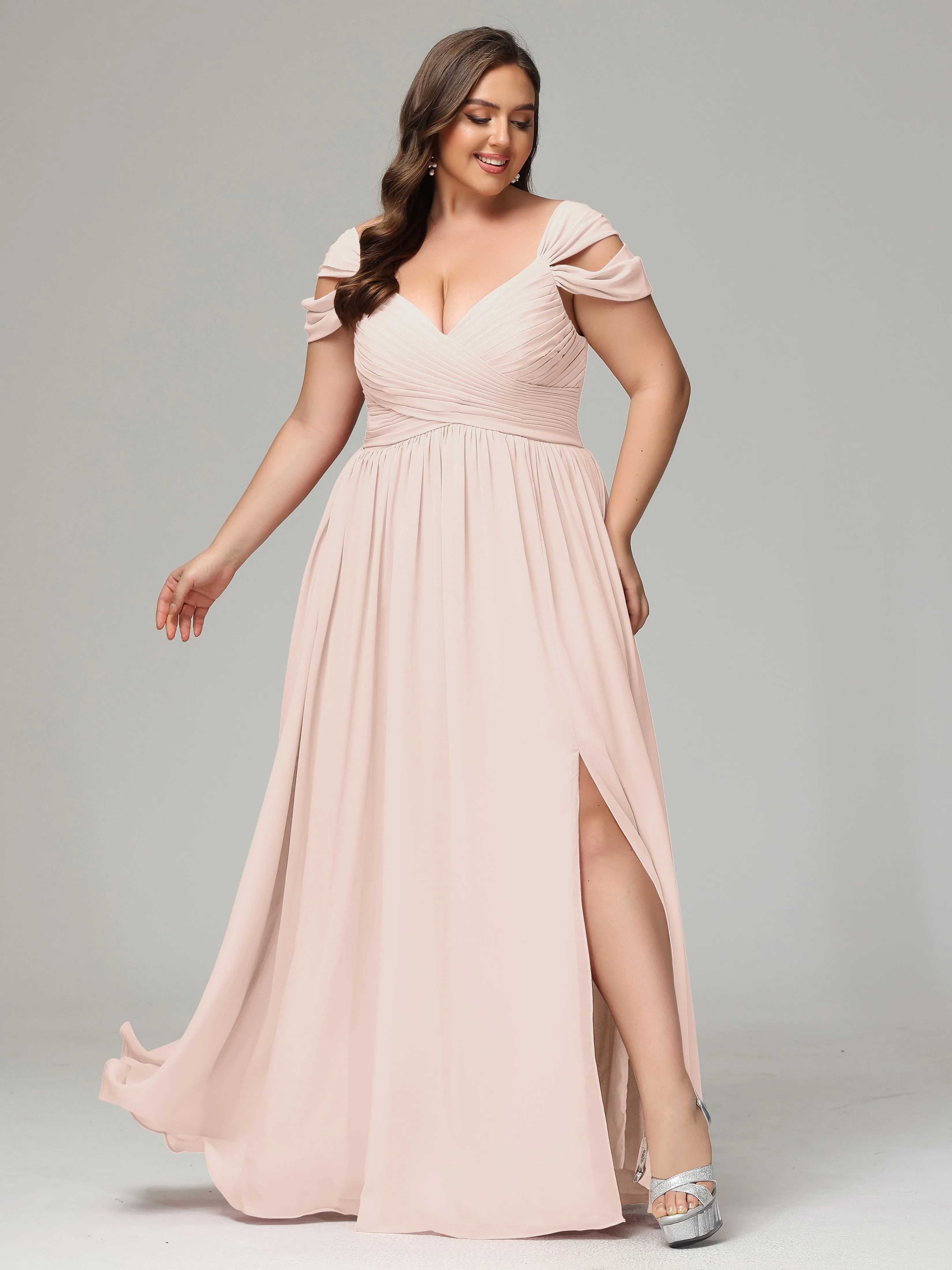 Pearl Pink Bridesmaid Dresses Uk Cap Sleeves Chiffon With Split Size Plus Bridesmaid Dresses