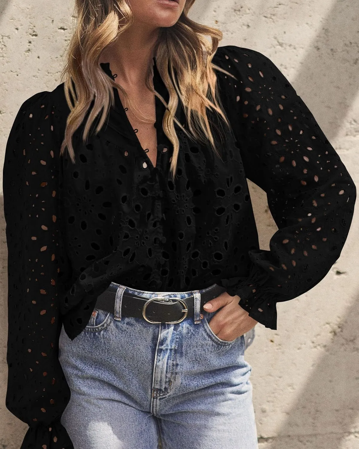 PRETTYGARDEN Women's Dressy Casual Blouse Tops Fall Spring Puff Long Sleeve Button V Neck Hollow Out Lace Embroidered Shirts